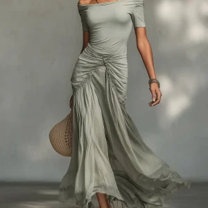 Clara - Vestido Maxi de Tecido Elástico e Chiffon Cinza para Mulher