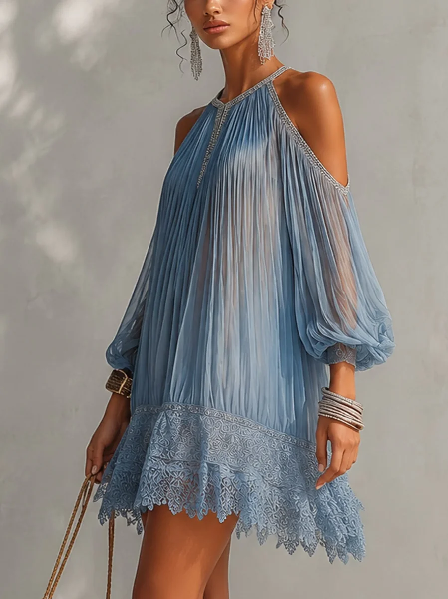 Soffia - Vestido Mini Azul com Ombros à Mostra e Detalhes em Renda para Mulher - Image 3