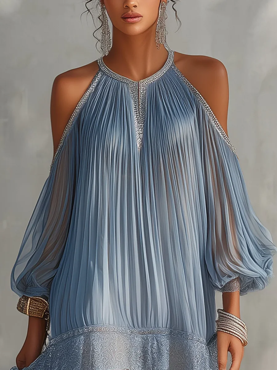 Soffia - Vestido Mini Azul com Ombros à Mostra e Detalhes em Renda para Mulher - Image 4