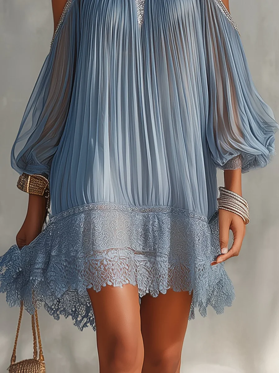 Soffia - Vestido Mini Azul com Ombros à Mostra e Detalhes em Renda para Mulher - Image 5