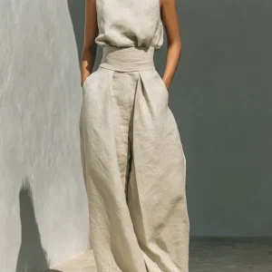 Aida - Conjunto de Blusa Sem Mangas e Calças de Perna Larga em Algodão e Linho Minimalista para Mulher
