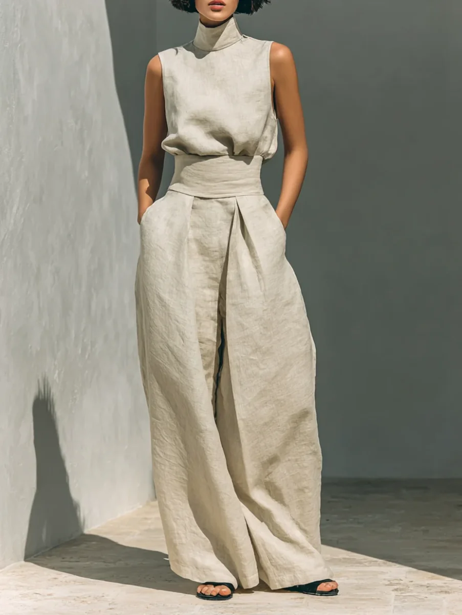 Aida - Conjunto de Blusa Sem Mangas e Calças de Perna Larga em Algodão e Linho Minimalista para Mulher - Image 2