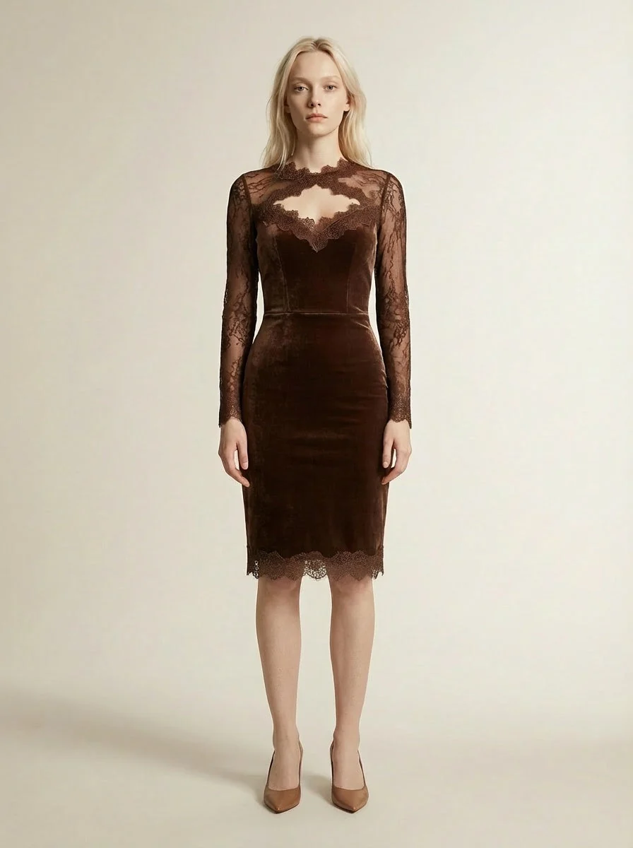 SOFIE | Robe Mini Velours Castanho com Renda Elegante - Image 7