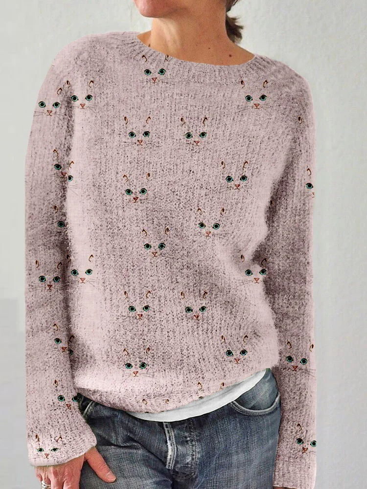 Camisola aconchegante com gola redonda e estampado com cara de gato - Image 2