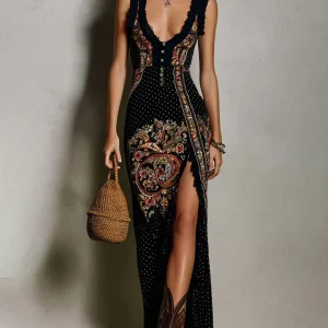 Rita - Vestido Impresso de Estilo Boémio com Decote em V Profundo e Grande Abertura para Mulher