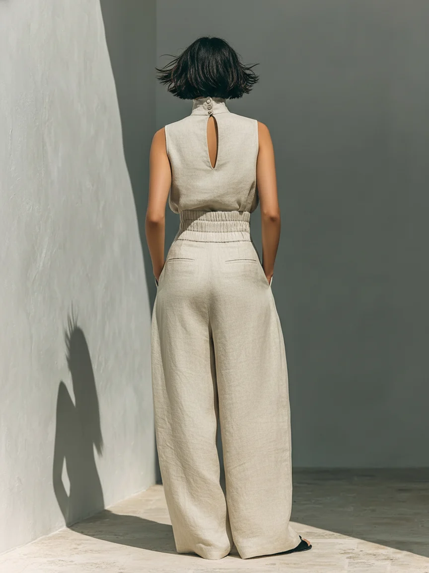 Aida - Conjunto de Blusa Sem Mangas e Calças de Perna Larga em Algodão e Linho Minimalista para Mulher - Image 3