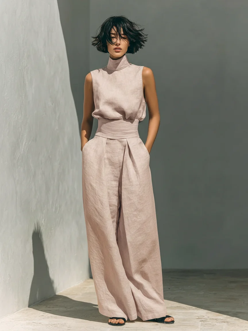 Aida - Conjunto de Blusa Sem Mangas e Calças de Perna Larga em Algodão e Linho Minimalista para Mulher - Image 6