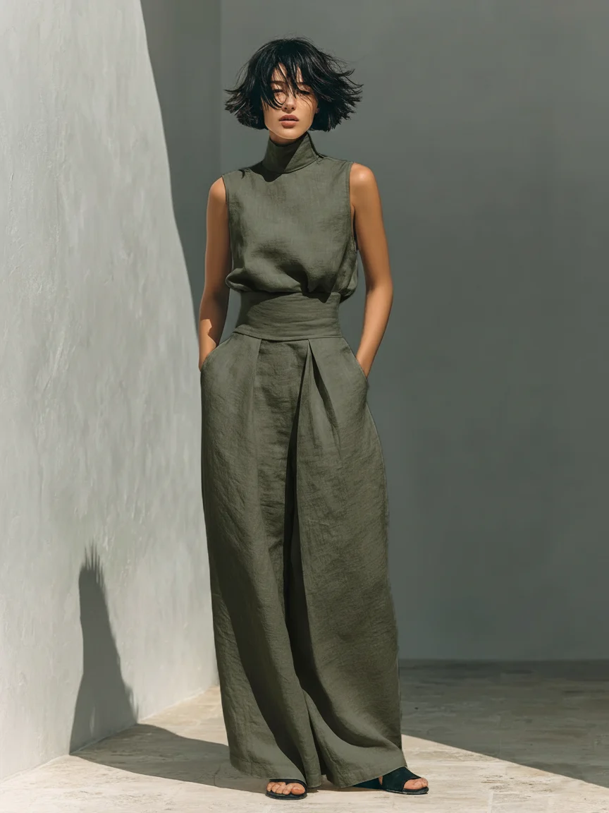 Aida - Conjunto de Blusa Sem Mangas e Calças de Perna Larga em Algodão e Linho Minimalista para Mulher - Image 4
