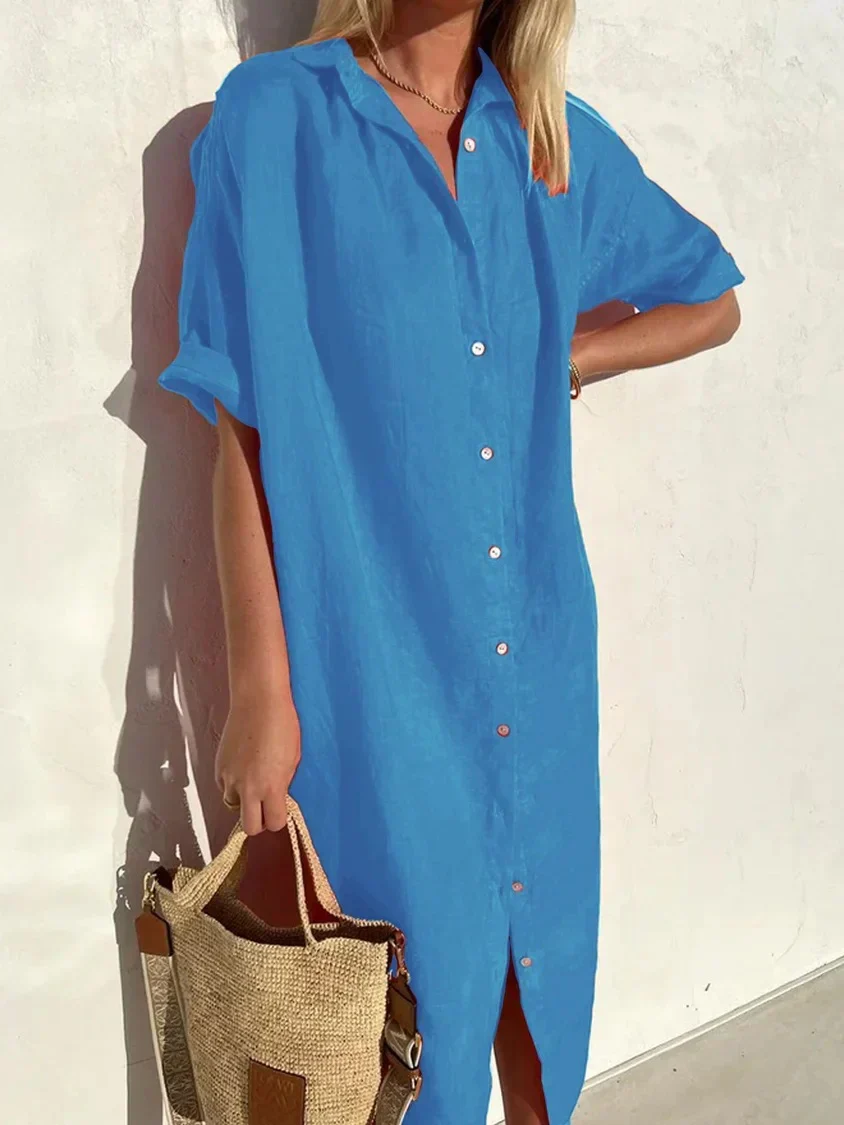 Delia - Vestido de senhora casual elegante com mangas compridas e fecho de botões Vestido em algodão e linho - Image 6