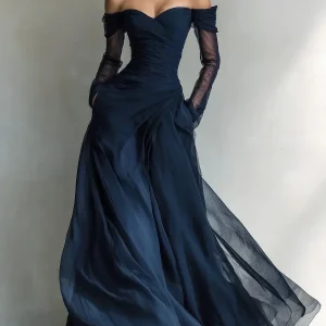 Eleonora • Vestido longo com ombros descobertos e inserções em rede para Mulher
