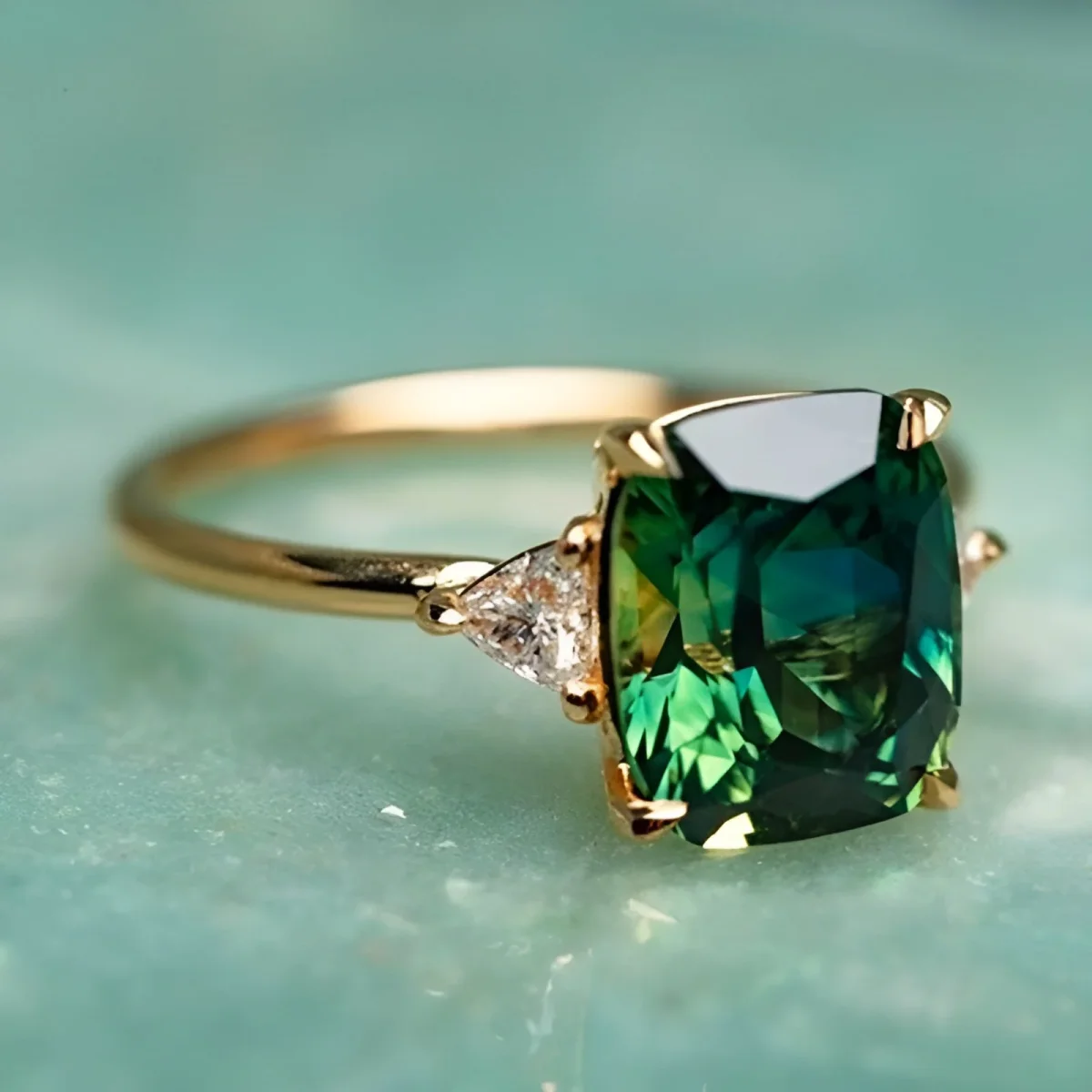 Anel dourado com pedra verde