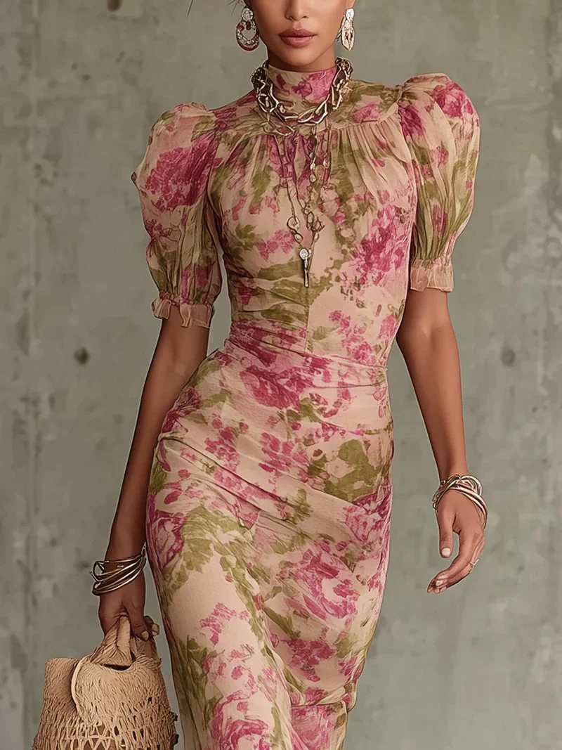 Fiora | Vestido longo com estampa vintage de rosas e mangas bufantes para Mulher - Image 3
