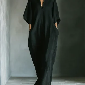 Caro - Vestido Maxi Preto Minimalista com Mangas de Quimono para Mulher