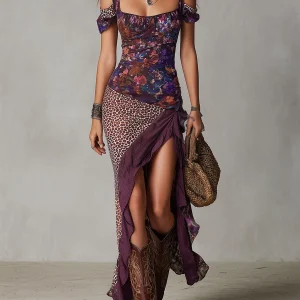 Druida - Vestido Maxi Floral com Estampa de Leopardo Nómada Urbano em Roxo com Fenda Alta para Mulher
