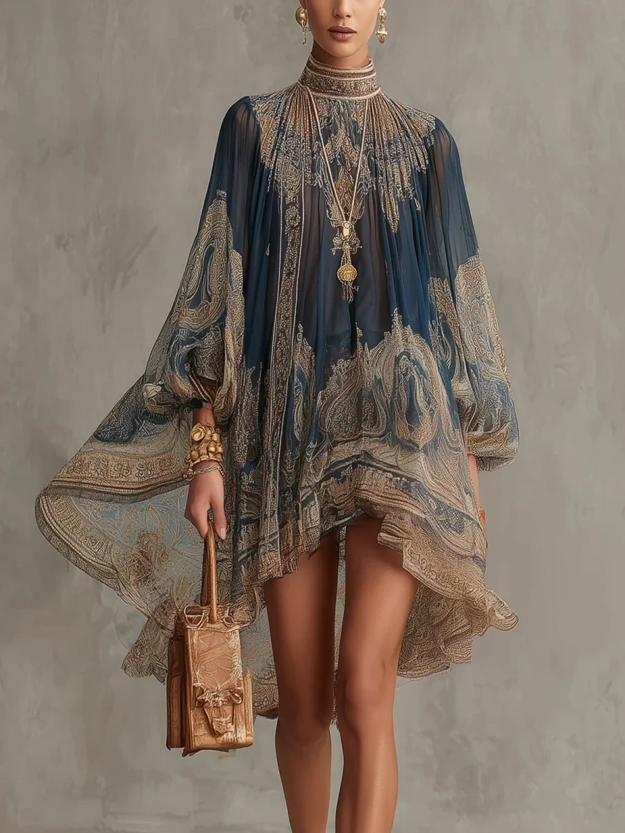 Marianna | Mini vestido em chiffon azul marinho com estampa barroca dourada para Mulher