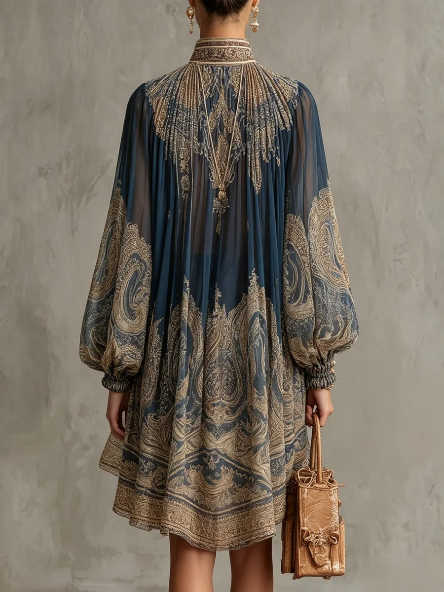 Marianna | Mini vestido em chiffon azul marinho com estampa barroca dourada para Mulher - Image 3