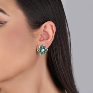 BRINCO FLOR ZIRCÔNIA ESMERALDA BANHO RÓDIO