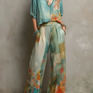 Chiara | Conjunto elegante com estampa floral e calças largas para Mulher